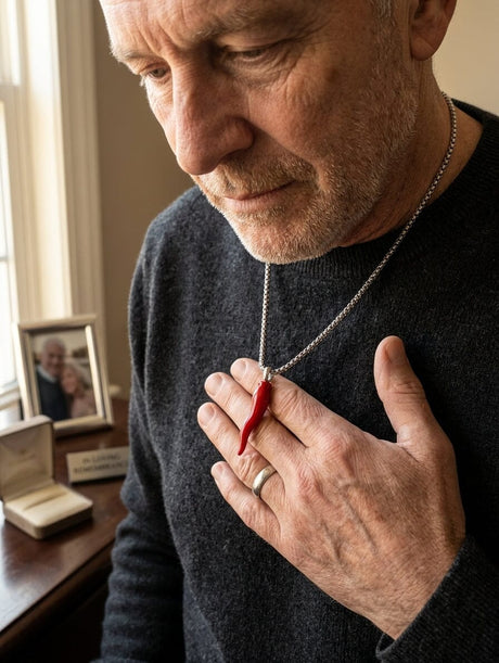 Man holding a red Italian horn cremation necklace at his chest beside a framed photo.