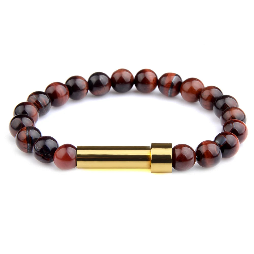 Red Tiger Eye natural stone cremation bracelet with gold ash chamber