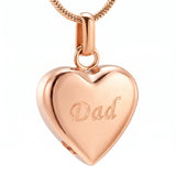 Rose gold heart cremation necklace engraved with Dad on a snake chain, white background product photo