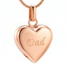 Rose gold heart cremation necklace engraved with Dad on a snake chain, white background product photo