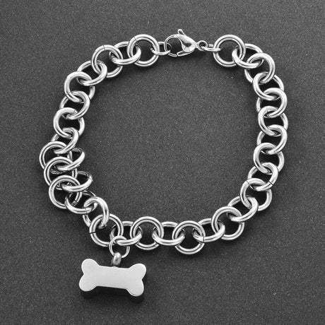 Silver dog bone pet cremation bracelet with ash chamber