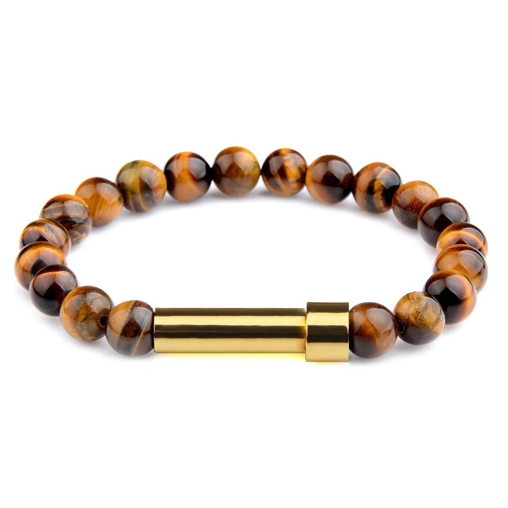Tiger Eye natural stone cremation bracelet with gold ash chamber