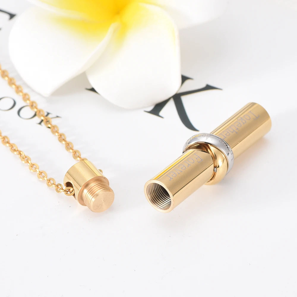Cylinder Cremation Urn Necklace With Infinity Band Engraved "Together Forever In Loving Memory" Cremation Necklace Cherished Emblems 