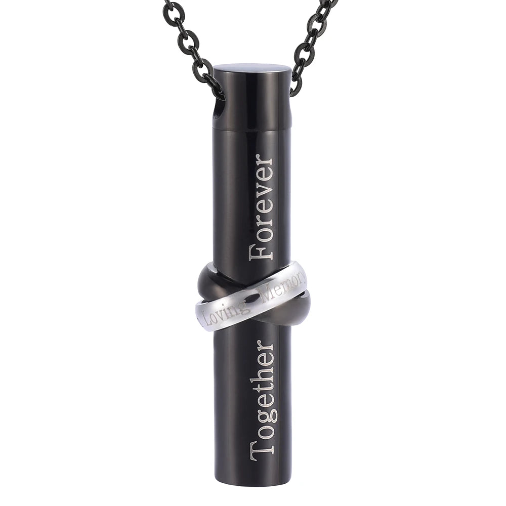 Cylinder Cremation Urn Necklace With Infinity Band Engraved "Together Forever In Loving Memory" Cremation Necklace Cherished Emblems Black 