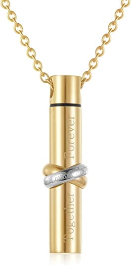 Cylinder Cremation Urn Necklace With Infinity Band Engraved "Together Forever In Loving Memory" Cremation Necklace Cherished Emblems Gold 