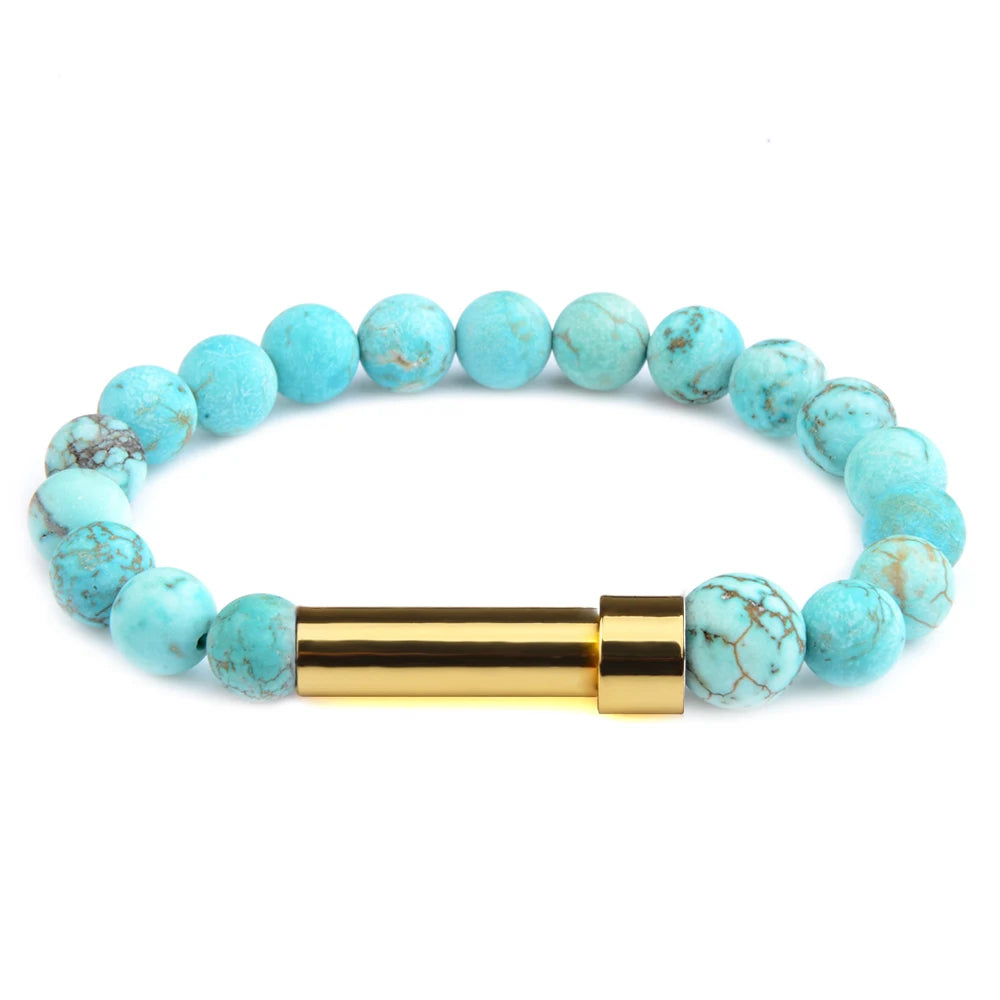 Turquoise natural stone cremation bracelet with gold ash chamber
