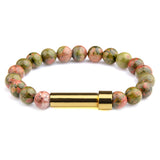 Unakite natural stone cremation bracelet with gold ash chamber