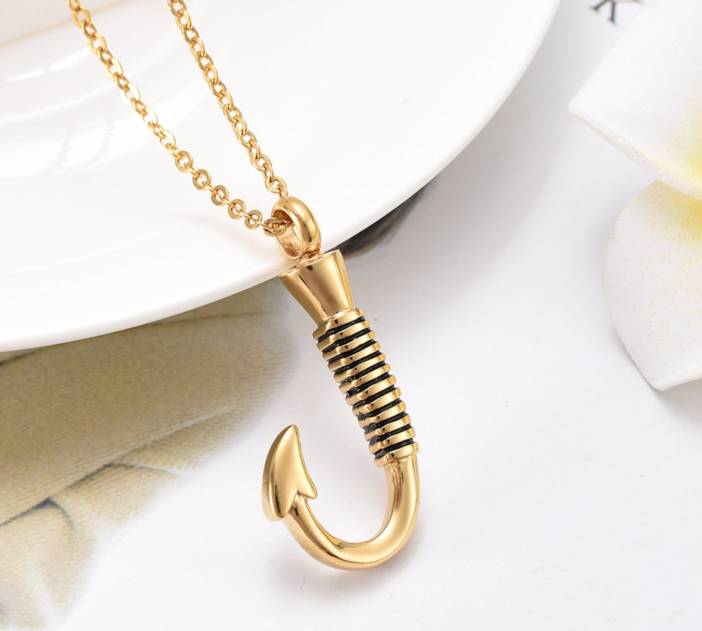 Fish Hook Urn Cremation Jewelry - Ash Necklace - Cherished Emblems Gold