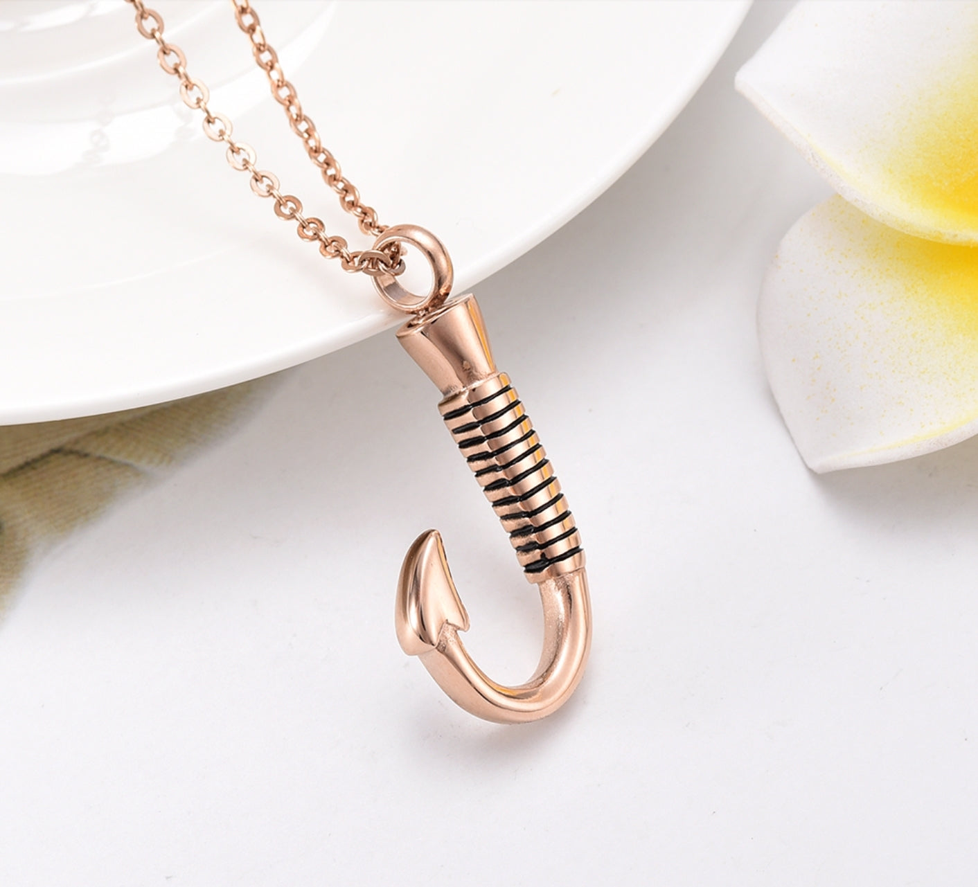 Fish Hook Urn Cremation Jewelry - Ash Necklace - Cherished Emblems Gold