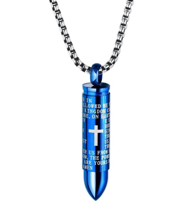 Bullet Shaped Cremation Urn Necklace Engraved With A Cross & The Lord's Prayer English/Spanish Cremation Necklace Cherished Emblems Blue English 