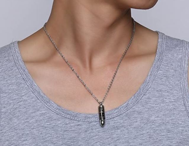 Black Bullet Cremation Urn Necklace Engraved With A Cross & The Lord's Prayer Cremation Necklace Cherished Emblems 