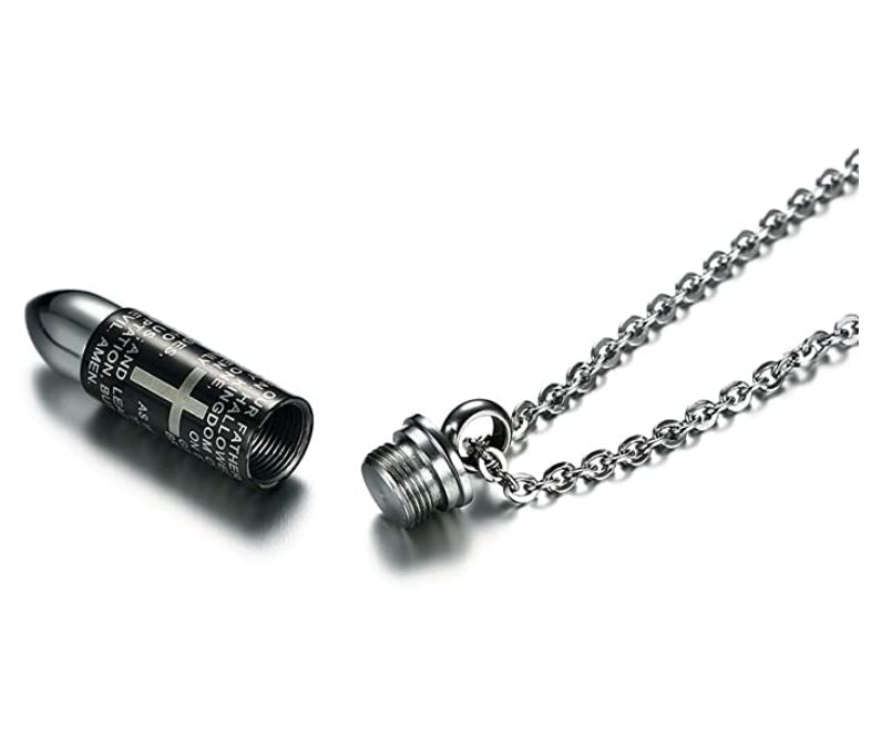 Black Bullet Cremation Urn Necklace Engraved With A Cross & The Lord's Prayer Cremation Necklace Cherished Emblems 