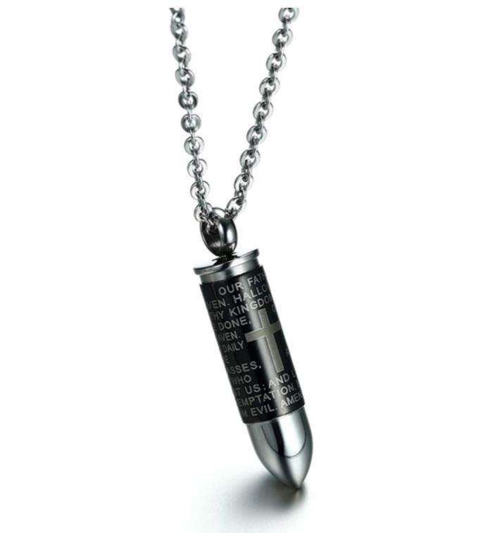 Black Bullet Cremation Urn Necklace Engraved With A Cross & The Lord's Prayer Cremation Necklace Cherished Emblems 