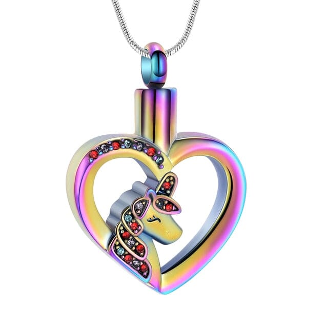 Unicorn Heart Cremation Urn Necklace with Rhinestones Cremation Necklace Cherished Emblems Rainbow 