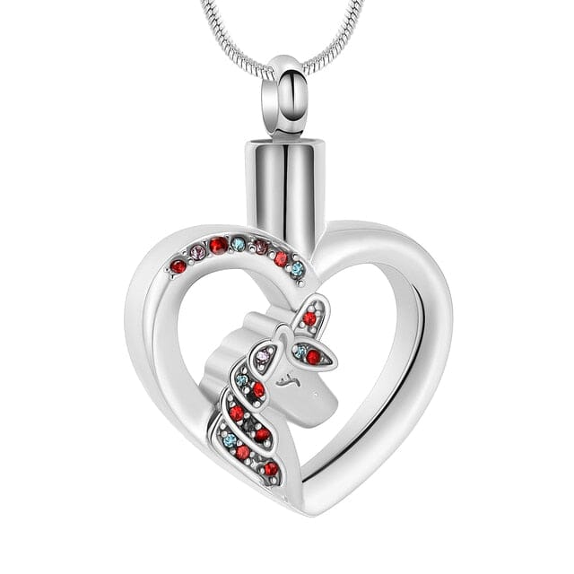 Unicorn Heart Cremation Urn Necklace with Rhinestones Cremation Necklace Cherished Emblems Sliver 