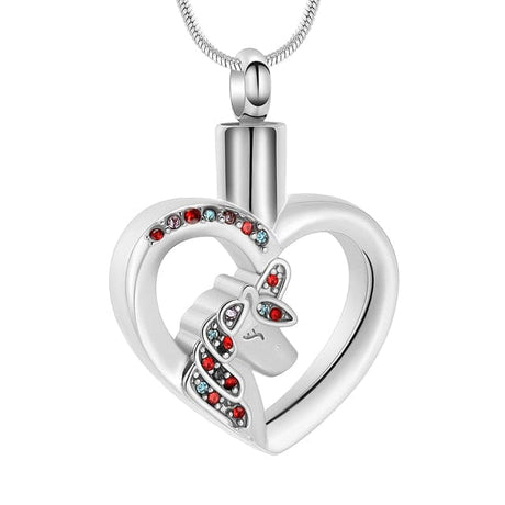 Unicorn Heart Cremation Urn Necklace with Rhinestones Cremation Necklace Cherished Emblems Sliver 