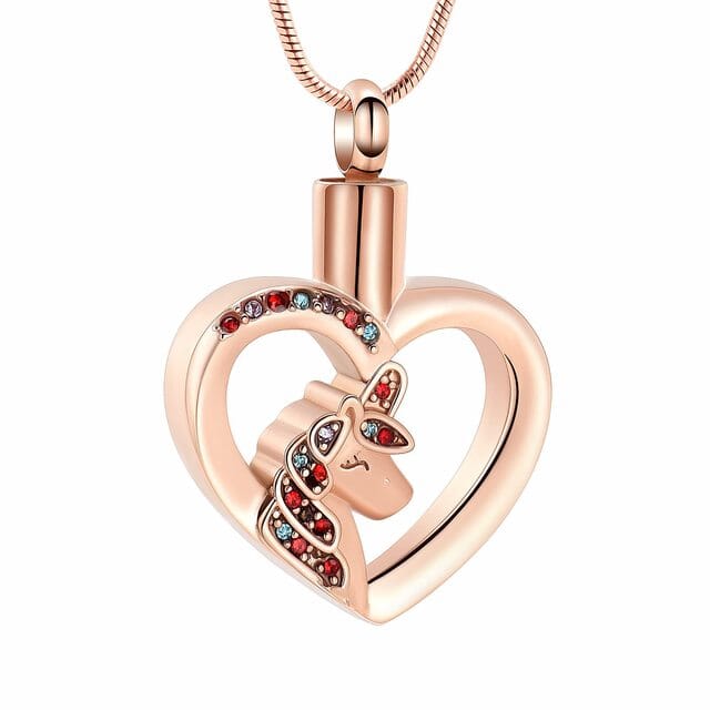 Unicorn Heart Cremation Urn Necklace with Rhinestones Cremation Necklace Cherished Emblems Rose Gold 