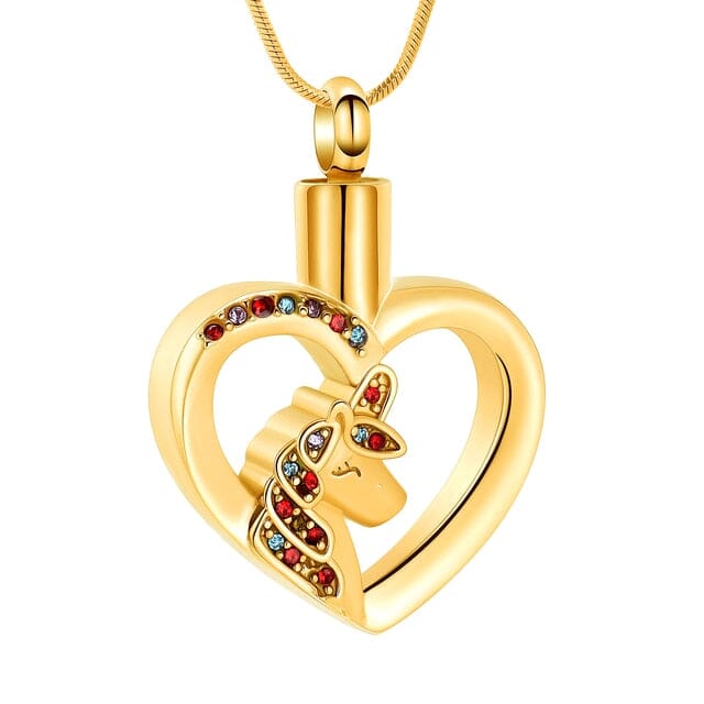 Unicorn Heart Cremation Urn Necklace with Rhinestones Cremation Necklace Cherished Emblems Gold 