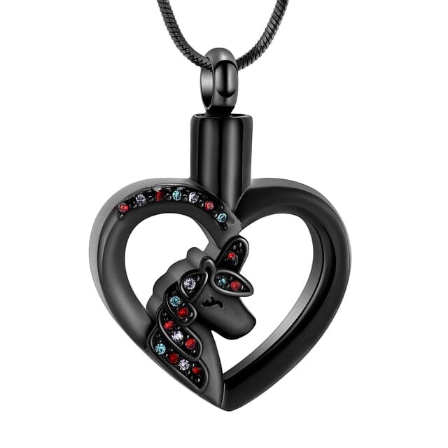 Unicorn Heart Cremation Urn Necklace with Rhinestones Cremation Necklace Cherished Emblems Black 