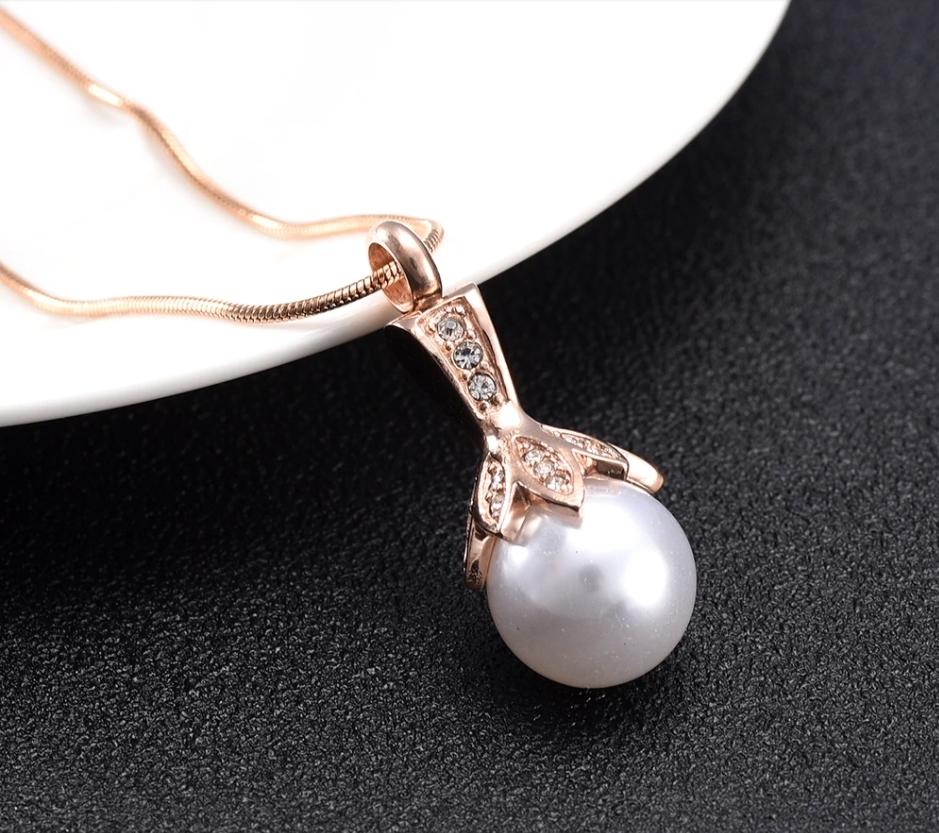 Crystal Flower & Pearl Cremation Urn Necklace With Rhinestones Cremation Necklace Cherished Emblems Rose Gold 