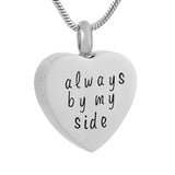 Cremation Necklace - "Always By My Side' Engraved Silver Heart Cremation Urn Necklace