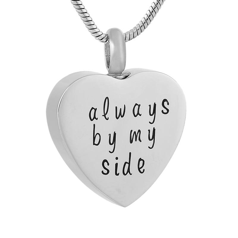Cremation Necklace - "Always By My Side' Engraved Silver Heart Cremation Urn Necklace