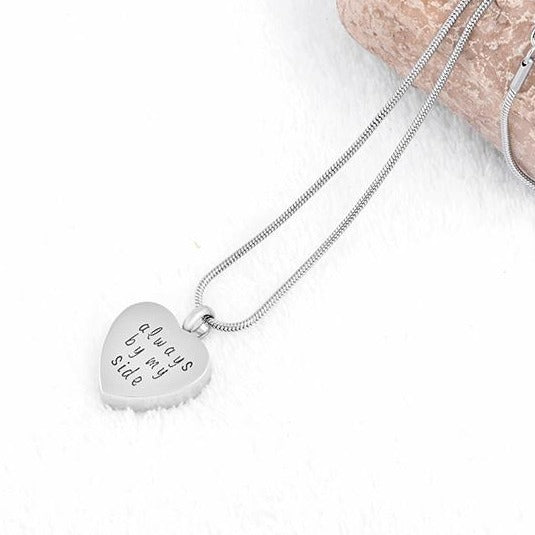 Cremation Necklace - "Always By My Side' Engraved Silver Heart Cremation Urn Necklace