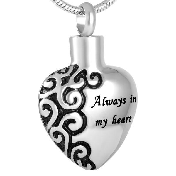 Cremation Necklace - "Always In My Heart" Silver Heart Cremation Necklace