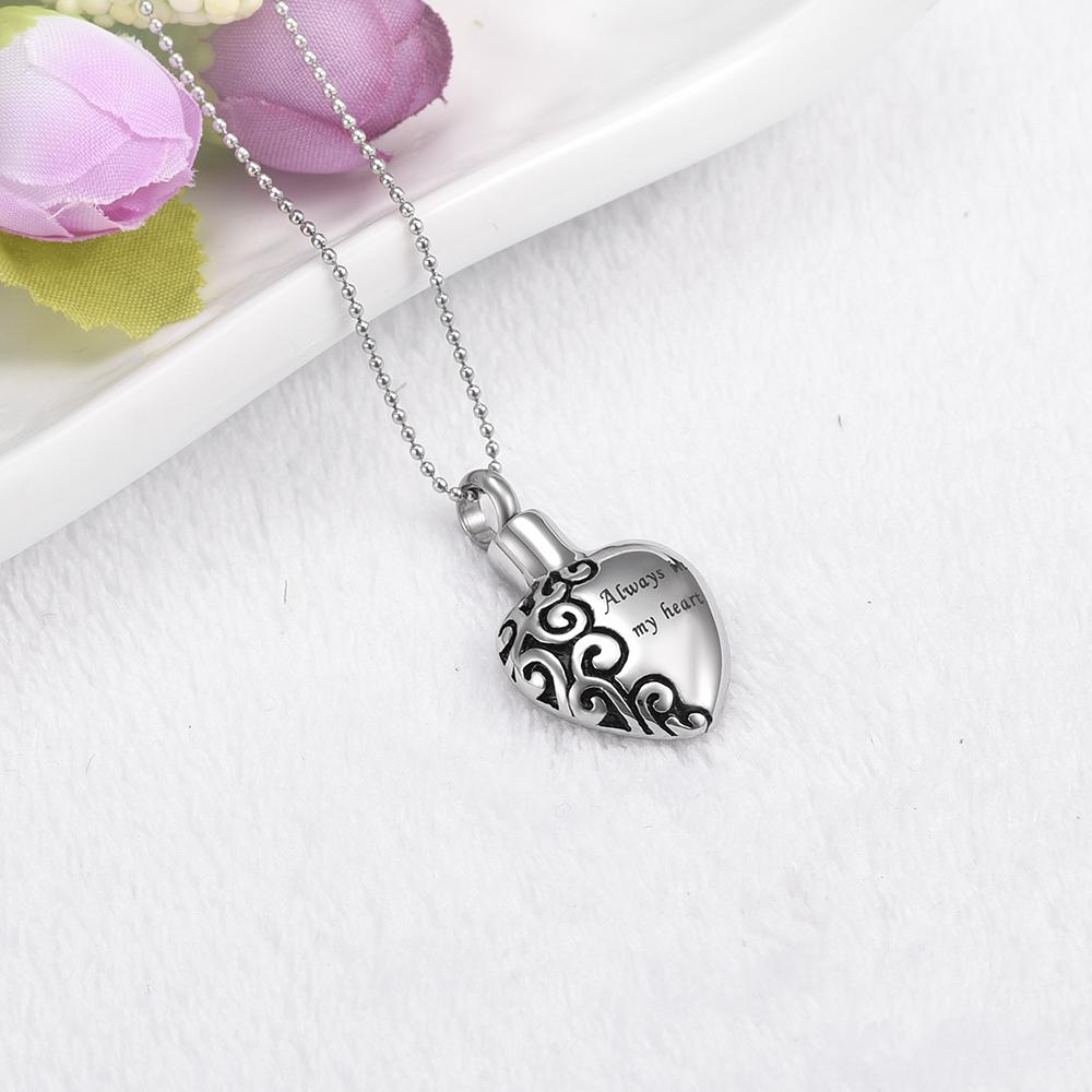 Cremation Necklace - "Always In My Heart" Silver Heart Cremation Necklace