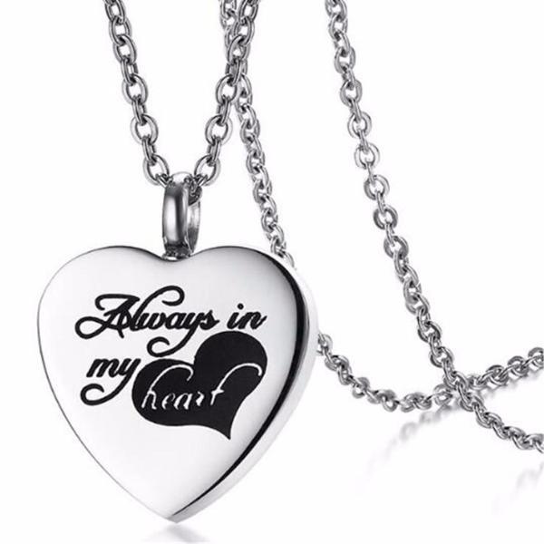 Cremation Necklace - "Always In My Heart" Silver Heart Urn Necklace