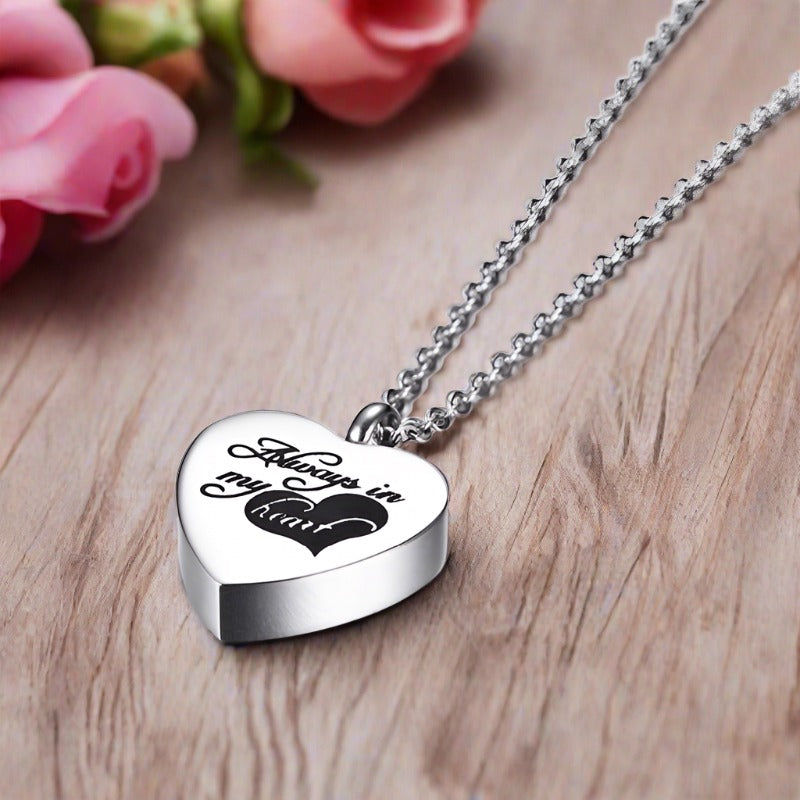 Cremation Necklace - "Always In My Heart" Silver Heart Urn Necklace
