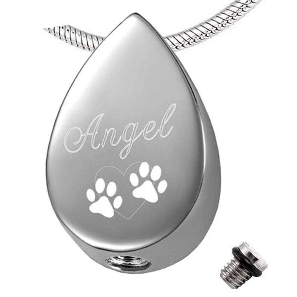 Cremation Necklace - "Angel" Engraved Teardrop Pet Cremation Urn Necklace With Paws