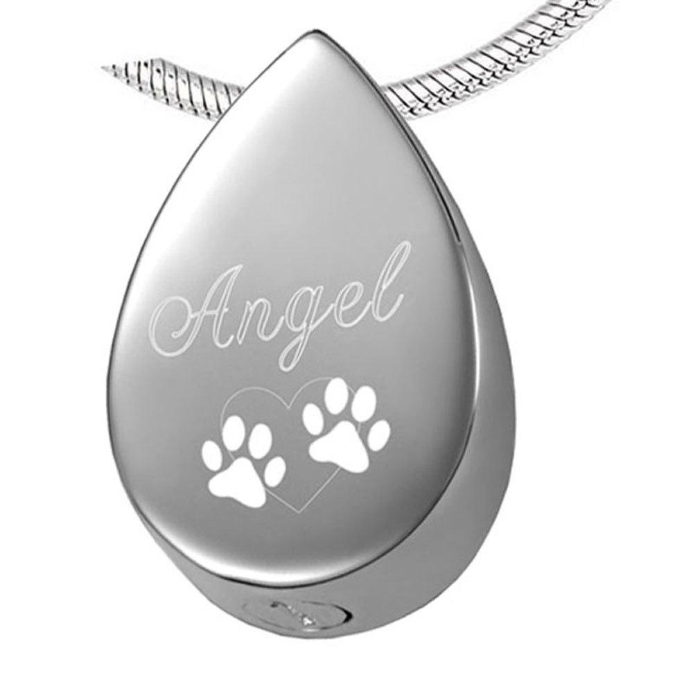 Cremation Necklace - "Angel" Engraved Teardrop Pet Cremation Urn Necklace With Paws