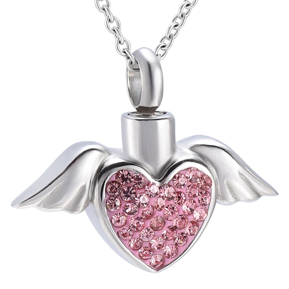 Cremation Necklace - Angel Wings And Rhinestones Heart Cremation Urn Necklace