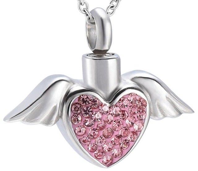 Cremation Necklace - Angel Wings And Rhinestones Heart Cremation Urn Necklace