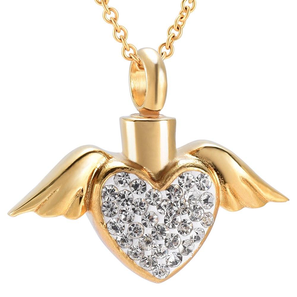Cremation Necklace - Angel Wings And Rhinestones Heart Cremation Urn Necklace