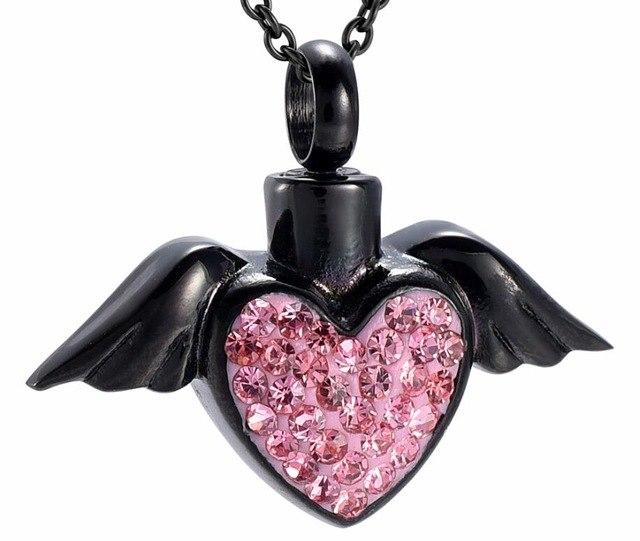 Cremation Necklace - Angel Wings And Rhinestones Heart Cremation Urn Necklace