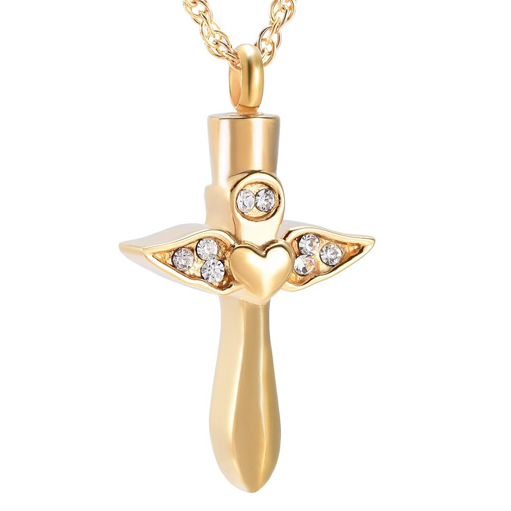 Cremation Necklace - Angel Wings Cross & Heart With Gemstones Cremation Urn Necklace