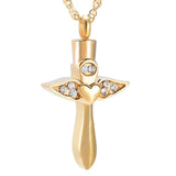 Cremation Necklace - Angel Wings Cross & Heart With Gemstones Cremation Urn Necklace