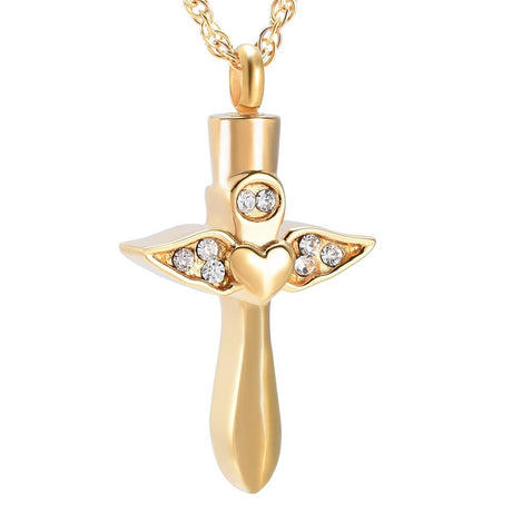 Cremation Necklace - Angel Wings Cross & Heart With Gemstones Cremation Urn Necklace