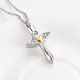 Cremation Necklace - Angel Wings Cross & Heart With Gemstones Cremation Urn Necklace