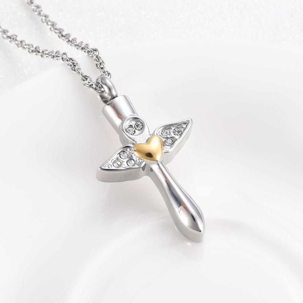 Cremation Necklace - Angel Wings Cross & Heart With Gemstones Cremation Urn Necklace