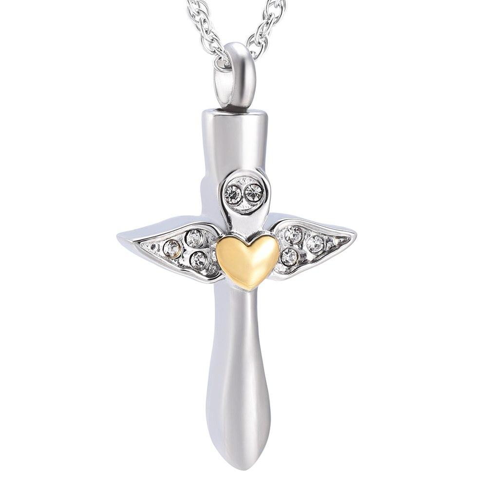 Cremation Necklace - Angel Wings Cross & Heart With Gemstones Cremation Urn Necklace
