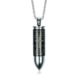 Cremation Necklace - Black Bullet Cremation Urn Necklace Engraved With A Cross & The Lord's Prayer