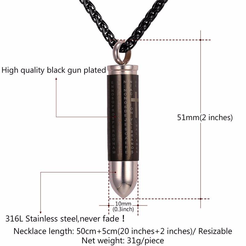 Cremation Necklace - Black Bullet Cremation Urn Necklace With Engraved Cross & Bible Verse