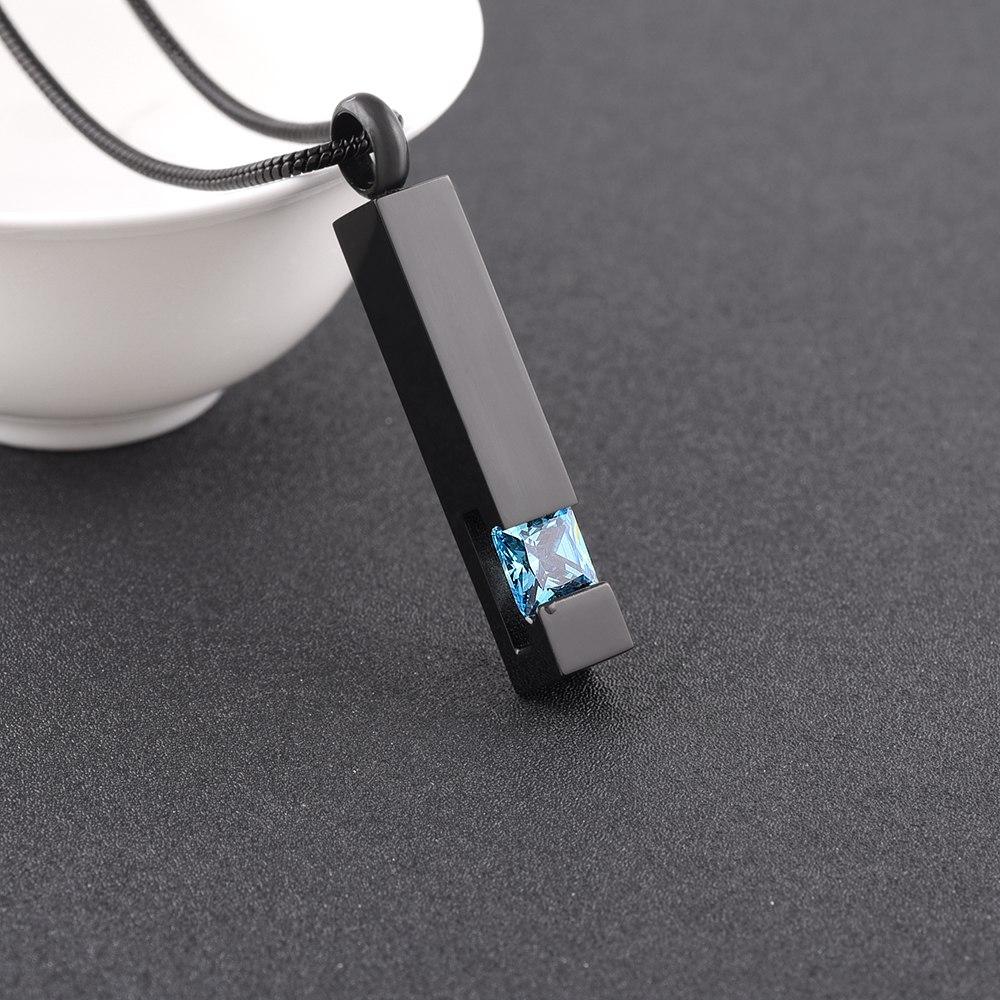 Black Cremation Column with Gemstone - Ash Necklace- Cherished Emblems Light Blue