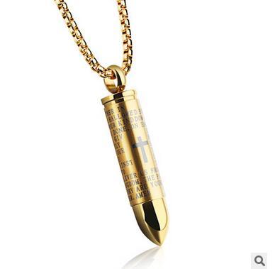 Cremation Necklace - Bullet Shaped Cremation Urn Necklace Engraved With A Cross & The Lord's Prayer English/Spanish