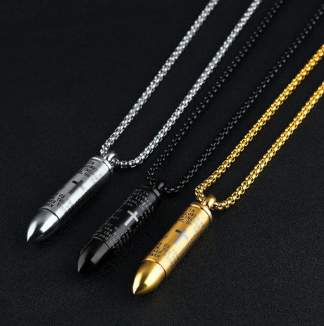 Cremation Necklace - Bullet Shaped Cremation Urn Necklace Engraved With A Cross & The Lord's Prayer English/Spanish