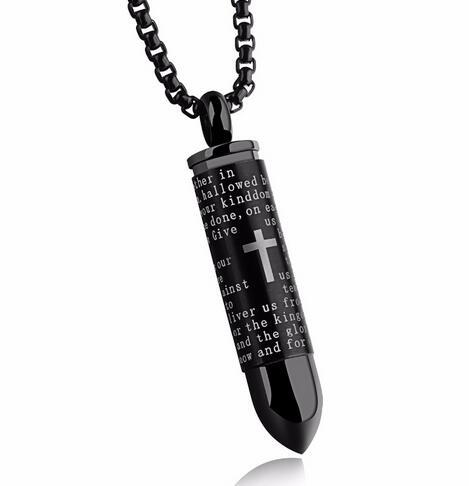 Cremation Necklace - Bullet Shaped Cremation Urn Necklace Engraved With A Cross & The Lord's Prayer English/Spanish