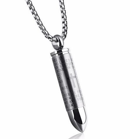 Cremation Necklace - Bullet Shaped Cremation Urn Necklace Engraved With A Cross & The Lord's Prayer English/Spanish